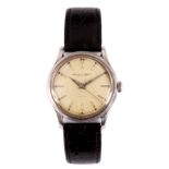 A GENTLEMAN’S 1950s STAINLESS STEEL IWC SCHAFFHAUSEN AUTOMATIC WRISTWATCH on leather strap having
