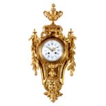 A 19TH CENTURY FRENCH LOUIS XVI STYLE GILT ORMOLU CARTEL CLOCK finely cast with a central urn and