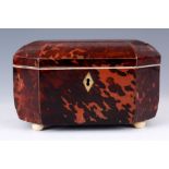 A 19TH CENTURY PEWTER STRUNG DARK TORTOISESHELL LARGE RECTANGULAR TEA CADDY with canted corners