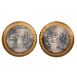 A PAIR OF EARLY 19TH CENTURY CIRCULAR MONOCHROME ENGRAVED PRINTS depicting family groups in garden