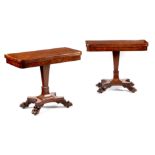 A PAIR OF LATE REGENCY POLLARD OAK CARD TABLES with folding swivelling tops revealing green baize