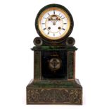 A 19th CENTURY FRENCH GREEN TORTOISESHELL AND BRASS INLAID MANTEL CLOCK the drum head style case