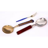 TWO SILVER AND ENAMEL NORWEGIAN SPOONS and a silver enamel Norwegian fork total weight app. 75g.