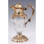 A SMALL ART NOUVEAU STYLE AMERICAN SILVER MOUNTED CUT GLASS CLARET JUG decorated in grape vines 18.