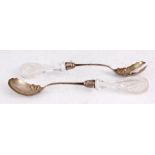 A PAIR OF LATE 19TH CENTURY AMERICAN SILVER SALAD SERVERS WITH CRYSTAL GLASS CUT HANDLES 30cm long -