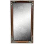 AN ART NOUVEAU COPPER RECTANGULAR MIRROR with stylised corners set with malachite on wooden frame