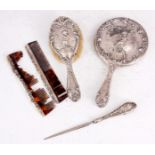 A LATE 19TH CENTURY SILVER FIVE PIECE DRESSING TABLE SET