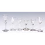 A SELECTION OF SIX 18TH CENTURY OPAQUE AND AIR-TWIST STEM ENGRAVED AND CLEAR WINE GLASSES 16.5cm and