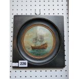 19thC Circular ebony framed Oil on board of a Galleon, 19 x 19cm