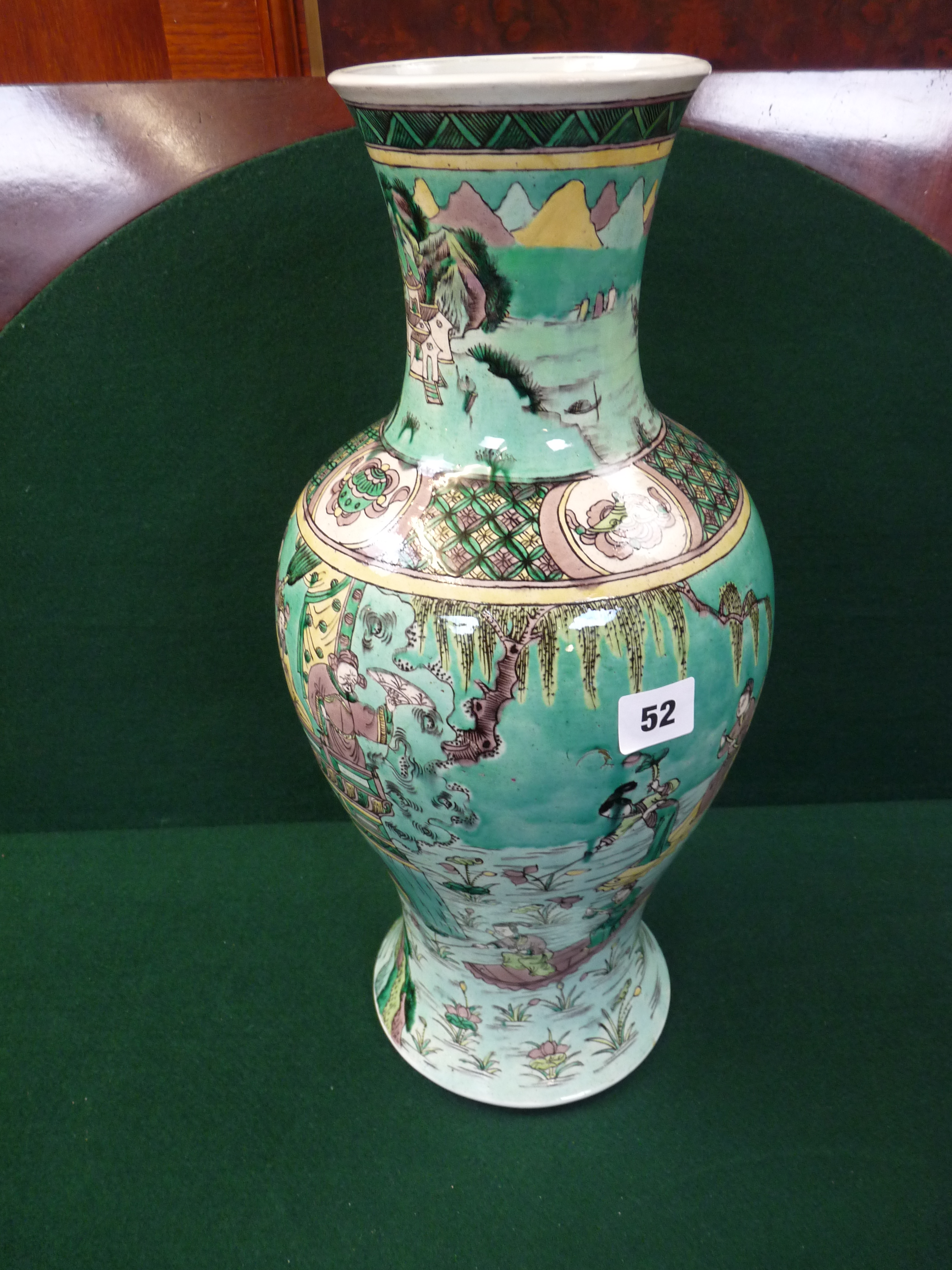 Chinese 18thC Vase in Verde with figural decoration and marked with 2 underglaze circles to base,