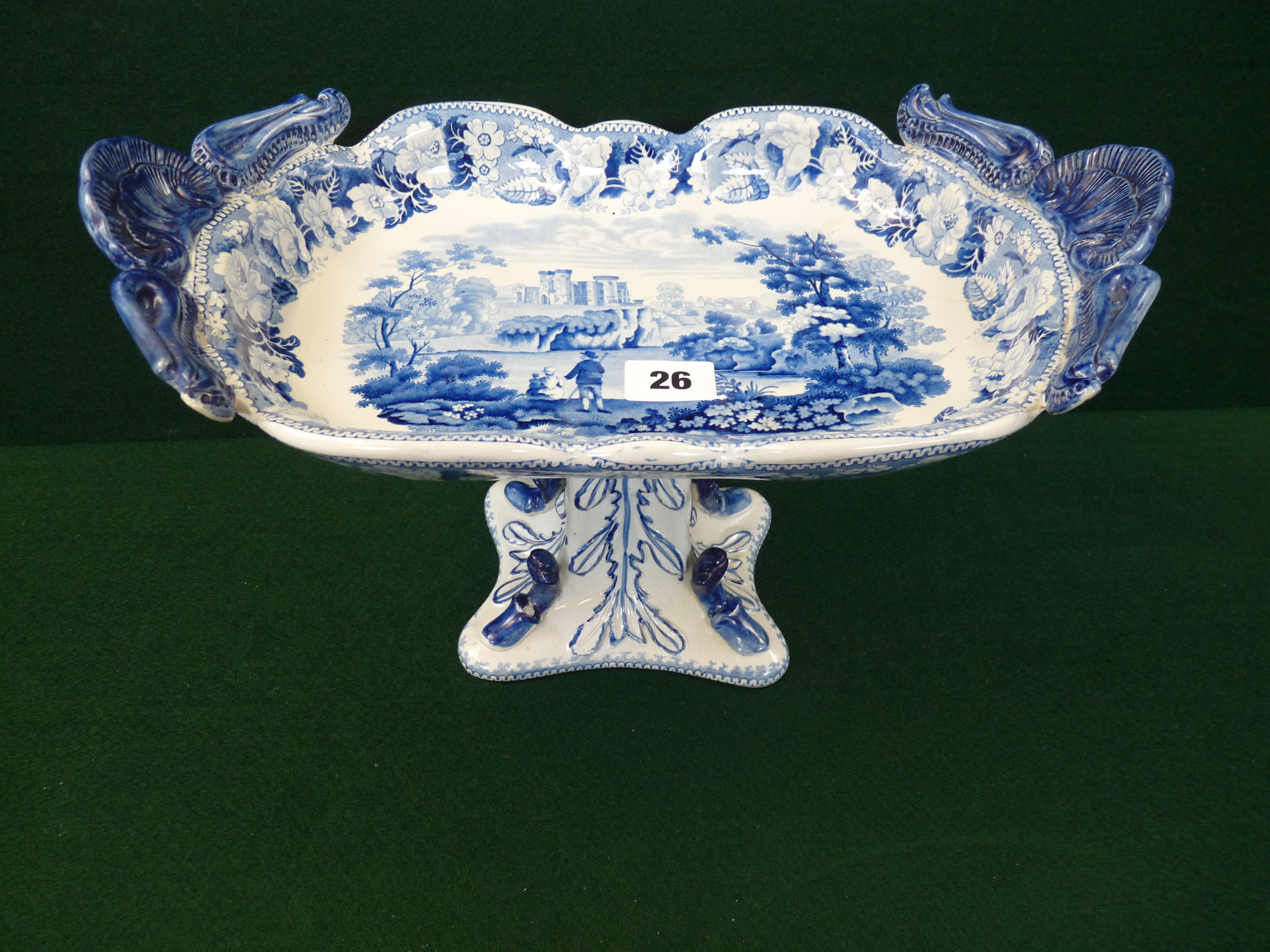 Early 19thC Blue and White tazza with scallop handles and transfer printed scene above hand