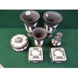 Collection of Wedgwood black jasperware with impressed marks comprising of 4 vases and 3 lidded