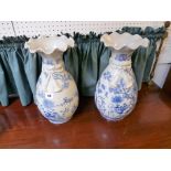 Pair of Impressive Meiji period Blue & White flared vases with blue and white floral decoration