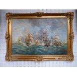 M J Rendell; Oil on canvas of the British and French Navy's at battle signed to bottom left,