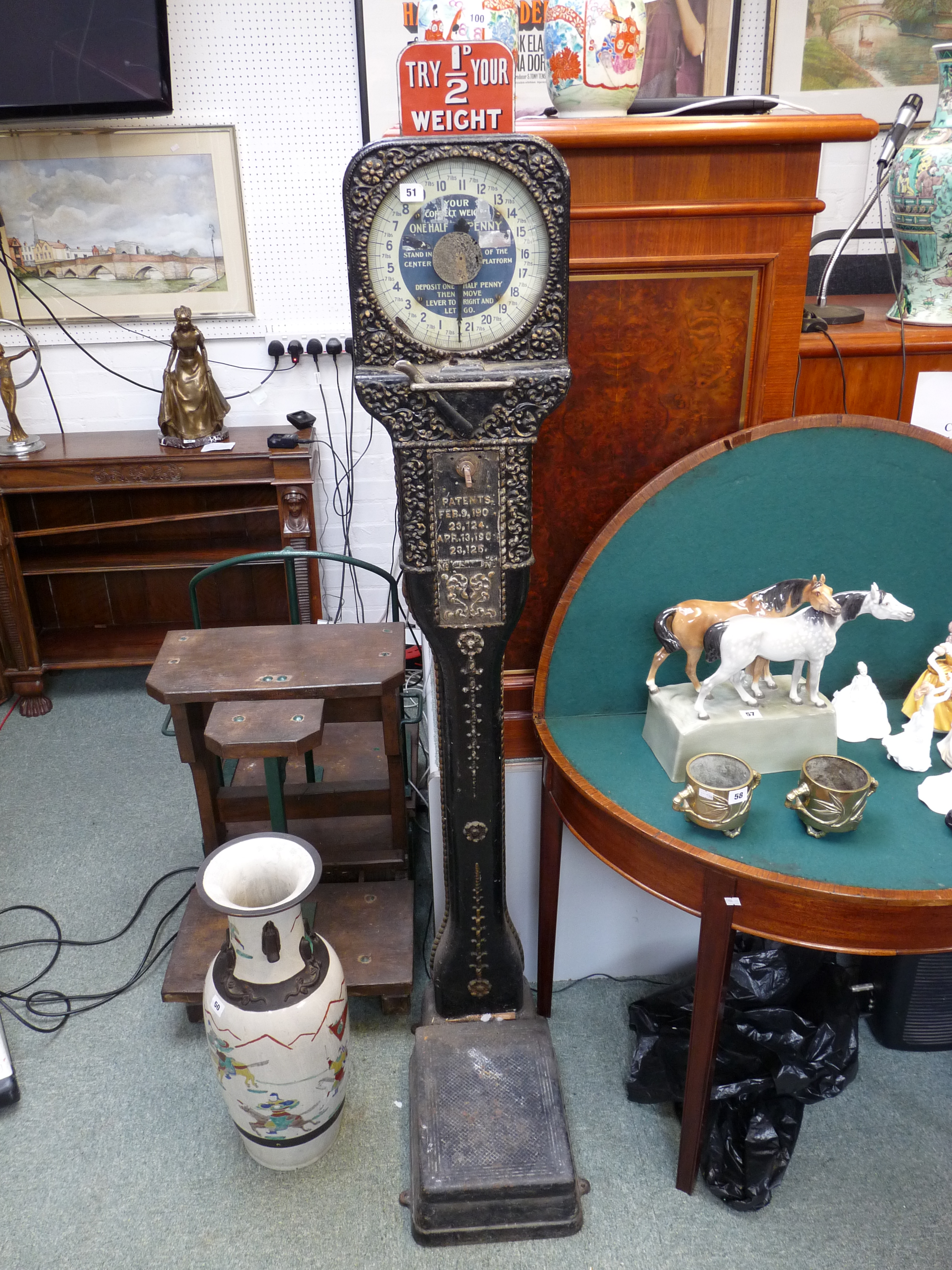 Edwardian Floor Scales of 21 Stone with cast Iron foliate decoration with enamel sign 1/2d,