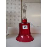 Edwardian Cranberry glass Bell with clear glass handle 26cm in height