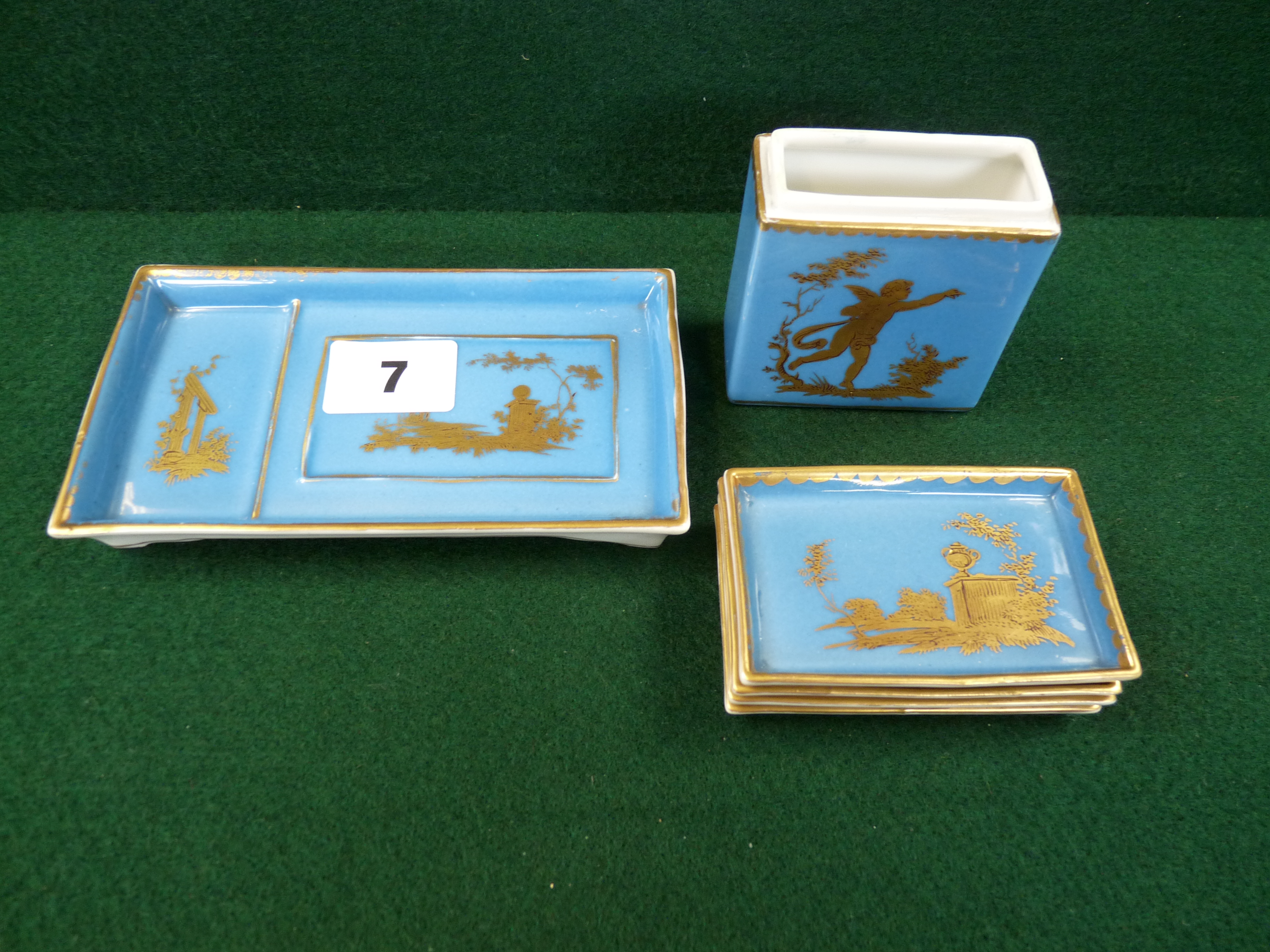 Dresden 20thC smokers set comprising of 4 dishes and match holder fitted on tray decorated with