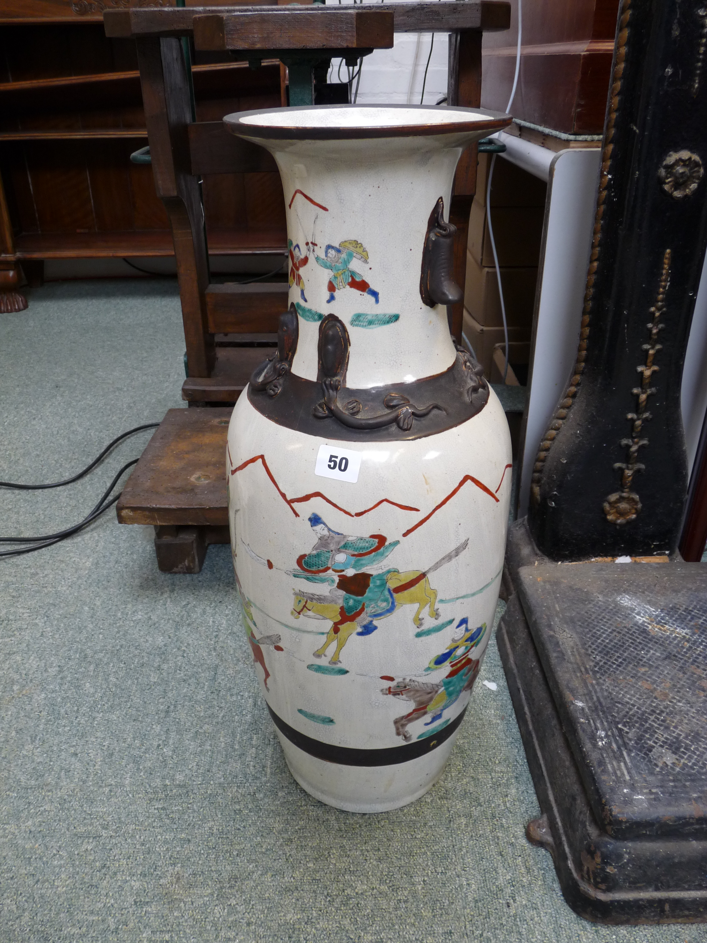 Late 19thC Chinese hall vase with warrior decoration and applied dragon decoration, carved mark to