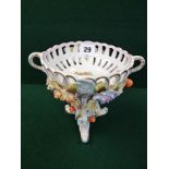 20thC Sitzendorf Flower basket with applied floral decoration supported on tripod base, 15.5cm in