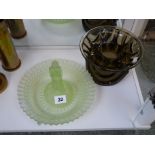 1950s Green Glass table centrepiece and a smoky glass flower vase with etched detail