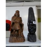 African Hardwood Tribal head carving and a Naïve wooden carving of a Nordic warrior, Condition -