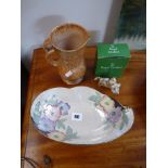 Maling 1930s floral decorated dish, Art Deco Crown Devon Ewer and a boxed Royal Doulton kitten