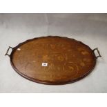 Edwardian Mahogany Oval Tea tray with satinwood inlaid floral decoration, applied brass scroll