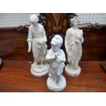2 Copeland Style Parian figures of young women and a French Parian figure. Condition - Damage and