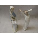 Lladro figure of a boy yawning and a figure of a Girl with Lilies, Condition - some light chipping