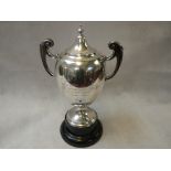 Large Silver two handled trophy on wooden plinth for Cothi Bridge Agricultural Society, Birmingham