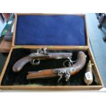 Pair of Mid 19thC Clough & Sons of Bath Flint Lock Pistols with engraved metal fittings and inlaid