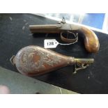 19thC double barrel Pistol and a Embossed Leather powder flask. Condition - Rusting to Barrel