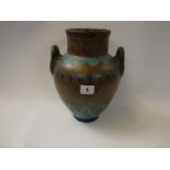 Gouda vase made for Liberty of London c1920. Double handled Amphora shaped vase hand painted in