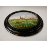 19thC Oval painting on porcelain of a Eastern European countryside scene, stamped to reverse 95,