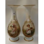 Pair of French Opaline Vases with Hand painted decoration depicting young flower girls surrounded by