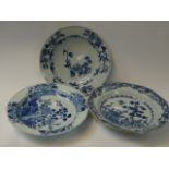 3 19thC Chinese Import Blue & White bowls with floral borders, unmarked to base