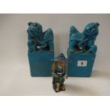 Pair of Turquoise Dogs of Foe and a Japanese Pottery Wiseman