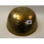 Early 20thC Buddhist Brass Singing bowl with Dragon decoration and carved Mark to base