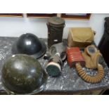 2 WW2 Helmets, Third Reich Gas Mask Canister and assorted Gas Masks