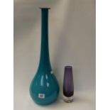 Scandinavian Blue glass tall vase and a Amethyst and clear glass bud vase