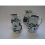 Large 18thC Blue & White Worcester Mansfield pattern Sparrow beak Jug and 3 other Worcester jugs