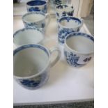 Collection of 18thC Blue & White Cups inc. Bow, Liverpool Pennington & Worcester