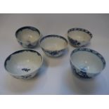 Collection of 5 Lowestoft 18thC Blue & White tea bowls with Chinese and floral decoration