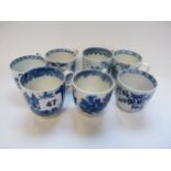 Collection of 18thC Bow and Worcester Blue & White cups, various patterns some with workers marks to