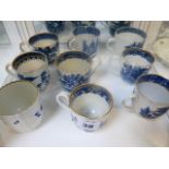 Collection of 9 18thC Blue & White Worcester cups with assorted workers marks to bases