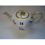 Meissen Teapot with floral and insect decoration, gilded bark effect handle and spout, under glaze