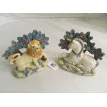 A pair of Staffordshire style bocage groups lion and unicorn