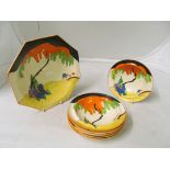 Six Clarice Cliff Woodland bowls and larger octagonal bowl