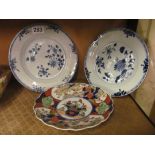 Two blue and white chinese plates and an Imari plate