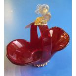 A 1950's Venetian Antonio Saluti ruby red basket with gold fleck dolphin finial